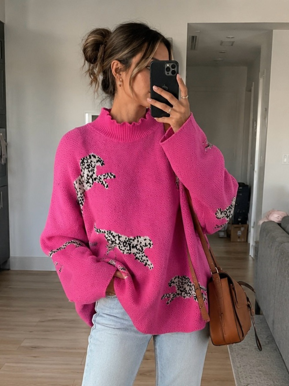 Oversized Pink Leopard Motif Knit Sweater